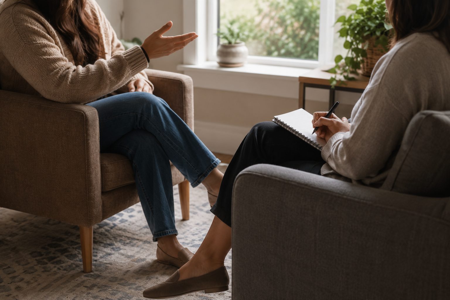A one-to-one coaching conversation in comfortable armchairs